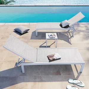 3-Piece Adjustable Aluminum Outdoor Chaise Lounge in White Gray with Table Set