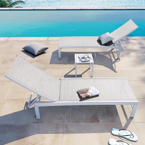 Crestlive Products 3-Piece Adjustable Aluminum Outdoor Chaise Lounge in White Gray with Table Set