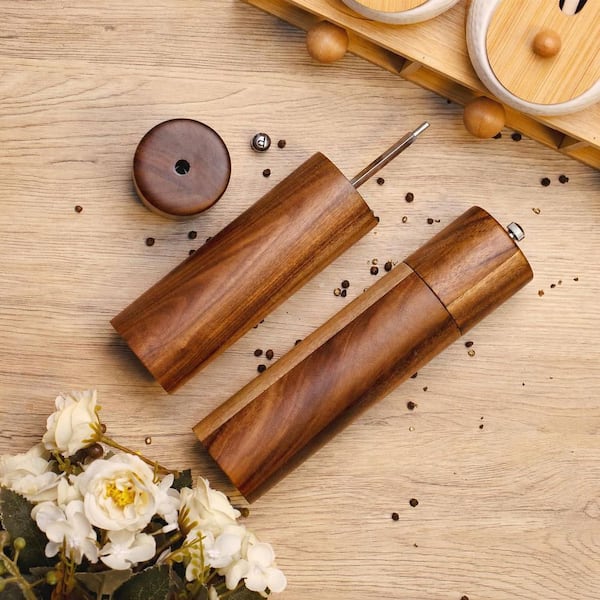 2 Pack Acacia Wood Salt and Pepper Grinder Set, 8 in. Refillable Mills with Adjustable Ceramic Core