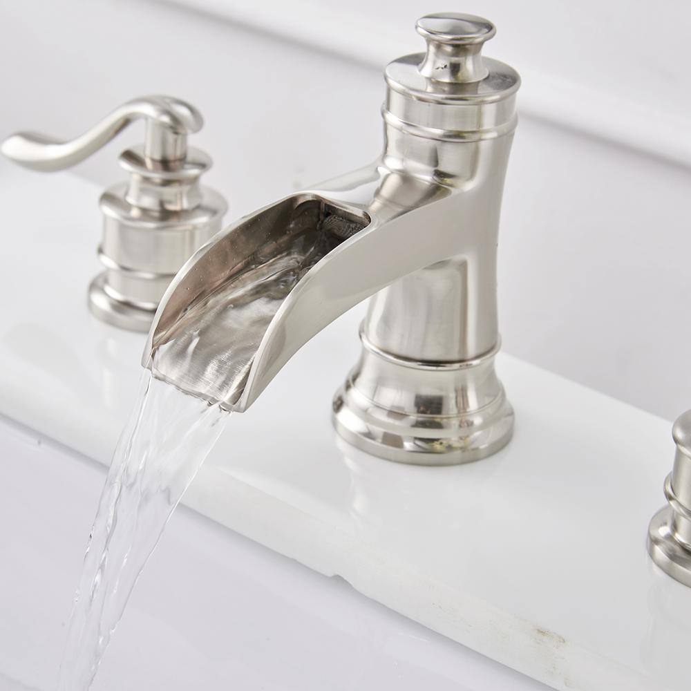 Brushed Nickel 8-Inch Widespread Waterfall Bathroom Faucet