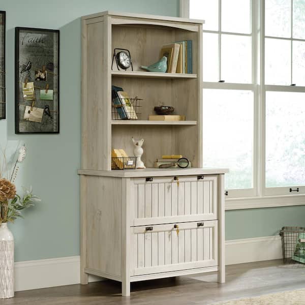 SAUDER Costa Chalked 2-Drawer Chalked Chestnut Engineered Wood 33 in. W Lateral File Cabinet with Hutch