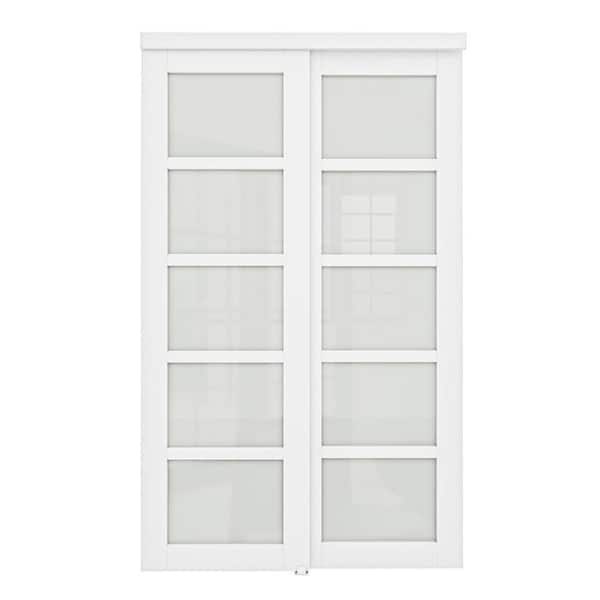 ARK DESIGN 48 in. x 80 in. 5-Lite Tempered Frosted Glass and White MDF Interior Closet Sliding Door with Hardware Kit