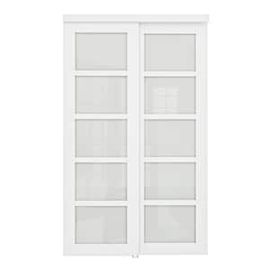 48 in. x 80 in. 5-Lite White Tempered Frosted Glass Closet Sliding Door with Hardware