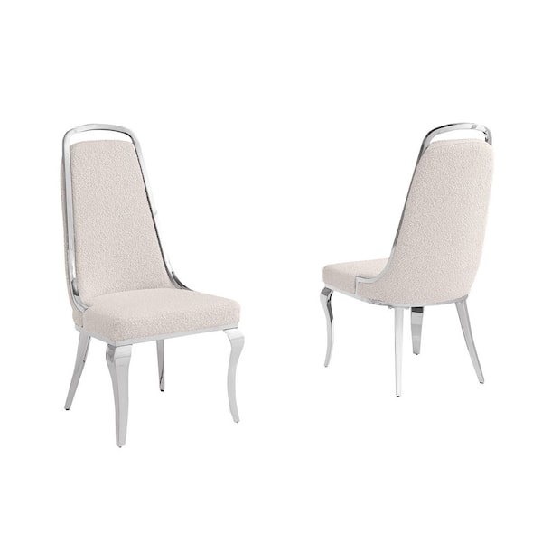 Best Quality Furniture Bora Cream Boucle Fabric Side Chair (Set of 2) with Silver Legs