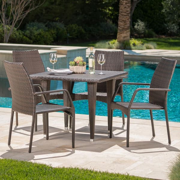 Noble House Canoga Multi-Brown 5-Piece Faux Rattan Outdoor Dining Set
