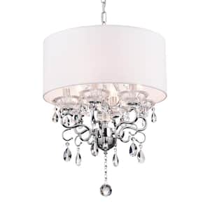 Belle 6-Light White Fabric Round Drum Chrome Finish Modern Chandelier with Hanging Crystals