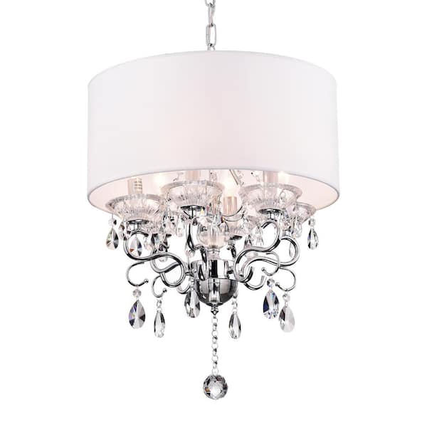Edvivi Belle 6-Light White Fabric Round Drum Chrome Finish Modern Chandelier with Hanging Crystals