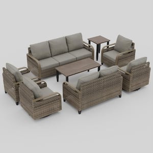 8-Piece Wicker Outdoor Patio Conversation Seating Sofa Set with Swivel Chairs, Gray Cushions and Wood Grain Top Tables