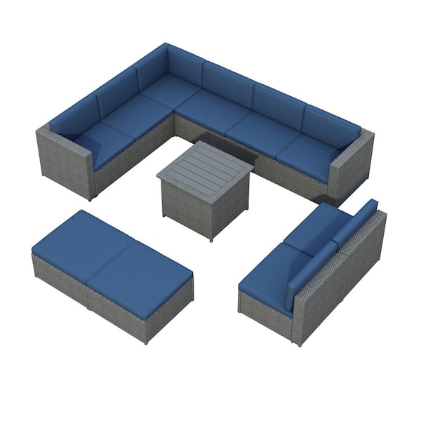 Willit Gray 9-Piece Wicker Patio Conversation Sectional Seating Set with Blue Cushions