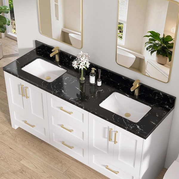 66 in. W x 22 in. D Engineered Stone Marble Rectangular Double Sink Bathroom Vanity Top w/ Backsplash and Basin in Black