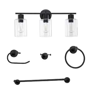 Romance 24.02 in. 3-Light Vanity Light with Matte Black and Clear Glass Shade Set (5-Piece)
