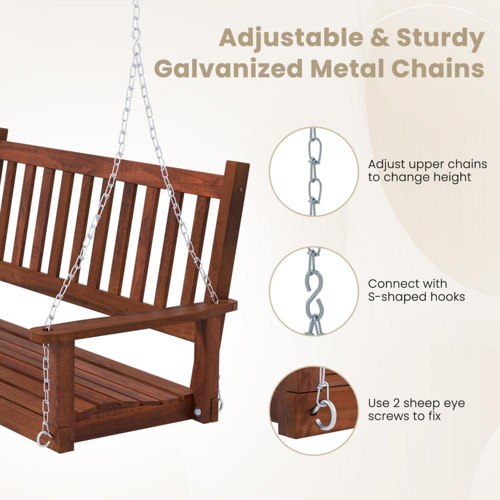 Brown Solid Wood 2-Person Outdoor Porch Swing with Metal Chains