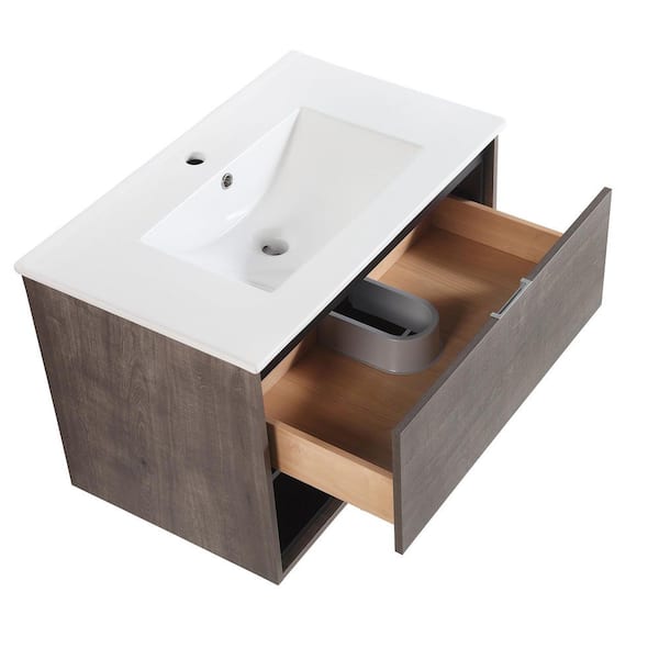 AOPSPS 32 in. W x 18 in. D x 20 in. H Floating Bath Vanity in Brown with White Ceramic Top