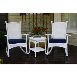 Portside Classic 3-Piece White Wicker Outdoor Rocking Chair Set with Patio Side Table and Plush Navy Cushions