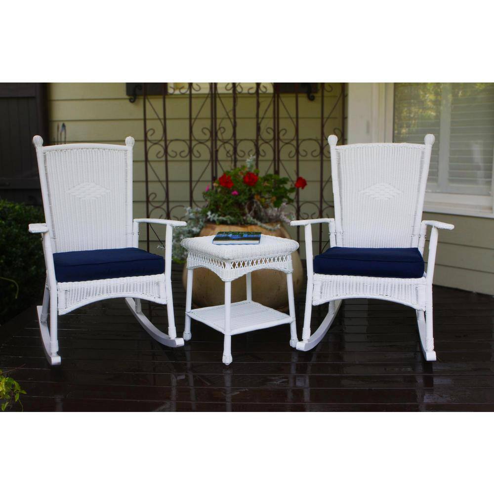 Portside Classic 3-Piece White Wicker Outdoor Rocking Chair Set with Patio 
