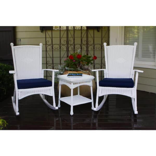 Tortuga Outdoor Portside Classic 3-Piece White Wicker Outdoor Rocking Chair Set with Patio Side Table and Plush Navy Cushions