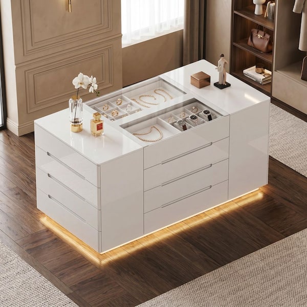 FUFU&GAGA White Mirror Finished Wooden Freestanding 63 in. W Large Jewelry Armoire With Tempered Glass Top and 16-Drawer