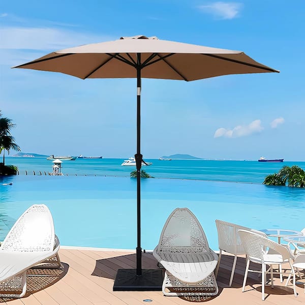 Cesicia 8.8 ft. Patio Outdoor Hexagonal Market Patio Umbrella with 42 lbs. Resin Umbrella Base and Crank Lift in Taupe