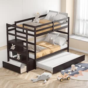 Espresso Twin Bunk Bed with Trundle Stairway and Storage Shelf Drawer