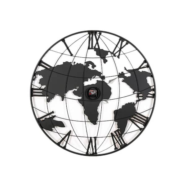 PRIMROSE CARNATION LLC 36 in. Black Round Metal Wall Clock Modern Silent World Map Wall Clock with Vintage Black Roman Numeral Gold Pointer