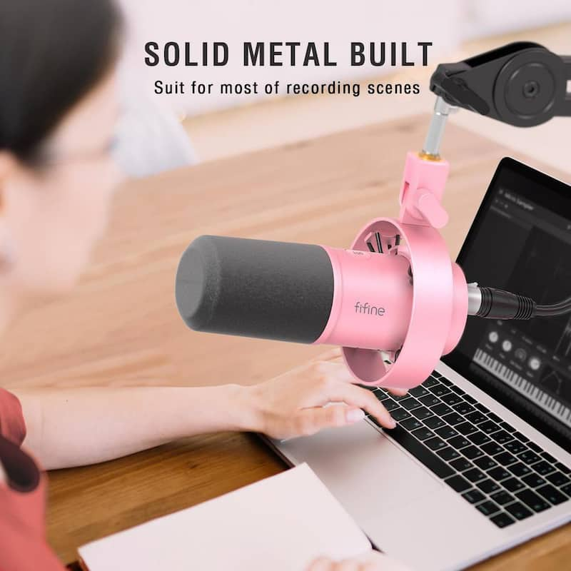 XLR/USB Dynamic Microphone for Streaming Recording with Tap to Mute, Gain Knob, Headphones Monitoring Amplitank Pink