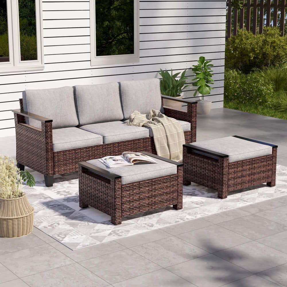 3-Pieces Brown PE Wicker Linen Grey Cushions Patio Conversation Set Wide Armrests High Back Sofa Design price history on PriceWatchPro