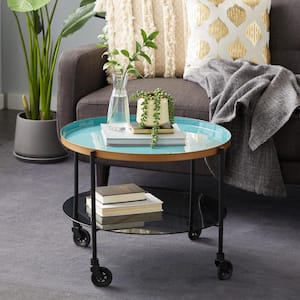 26 in. x 19 in. Round Black Metal Wheeled Coffee Table with Teal Enamel Tray Top and Tinted Glass Shelf