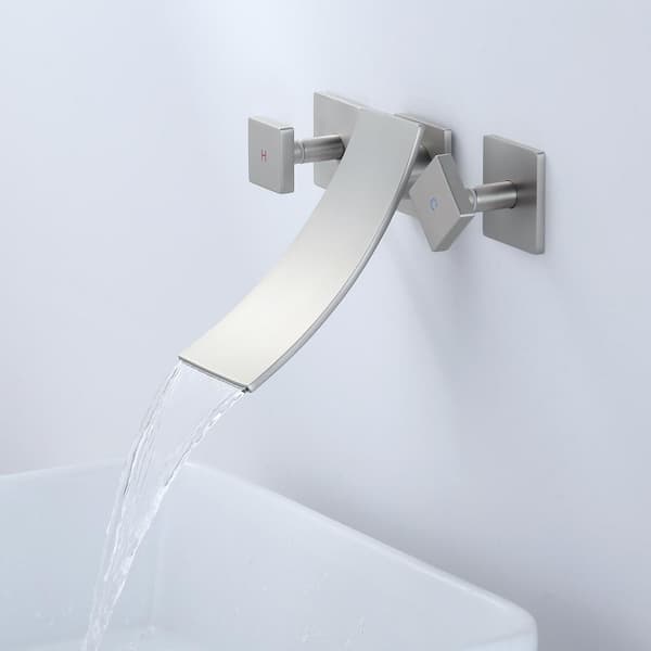 8 in. Double Handle Wall Mount Bathroom Faucet with 3.54 in. Wide Waterfall Spout and Brass Valve in Brushed Nickel