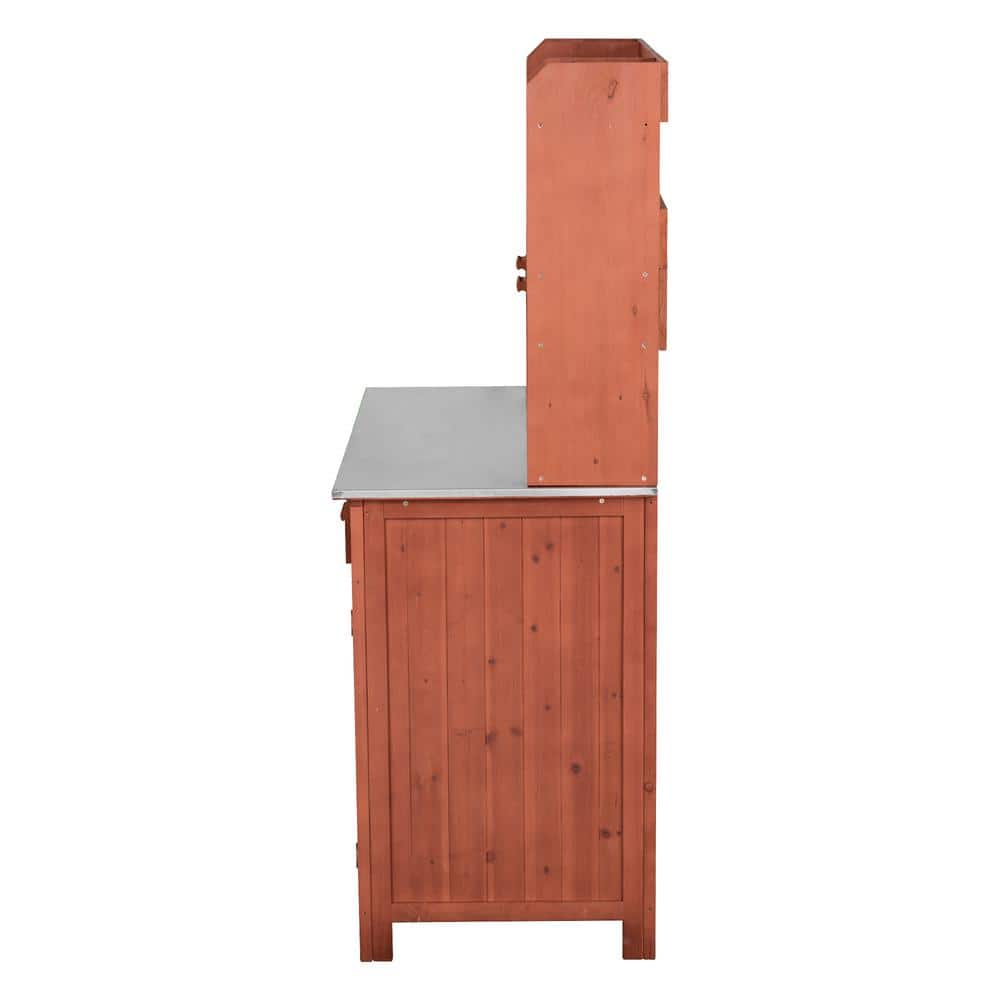 Transitional Solid Wood Outdoor Kitchen Prep Station with Stainless Steel Counter