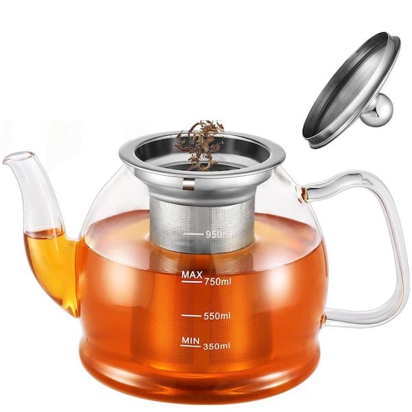 5-Cup Glass Teapot with Infuser for Blooming and Loose Leaf Tea, Tea Kettle with Scale Line and Tea Brewer Guide