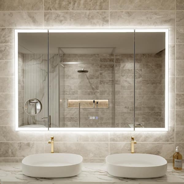 54 in. W x 36 in. H Rectangular Framed Tri-Fold LED Dimmable Defog Wall Bathroom Vanity Mirror in Silver with Magnifier