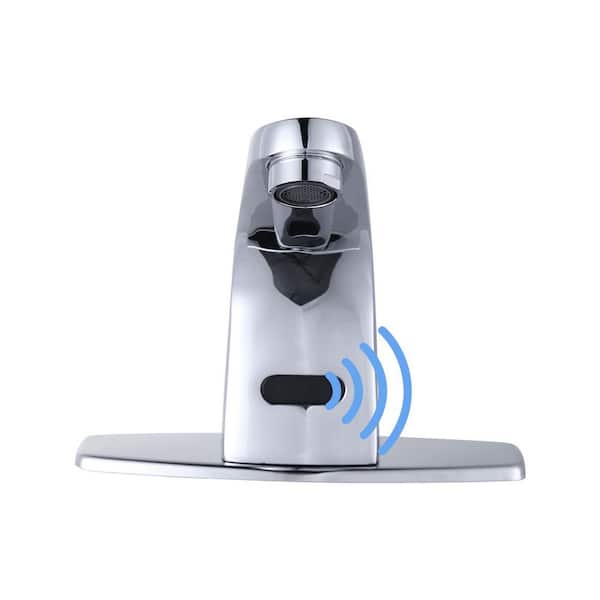 Automatic Sensor Touchless Battery Powered No Handle Bathroom Faucet with Deckplate and Supply Lines in Polished Chrome