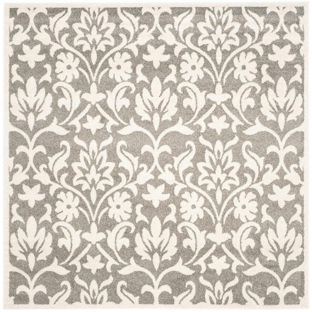 Gray and White Floral Synthetic Square Area Rug