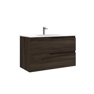 Menta 40 in. W x 18.1 in. D x 23.8 in. H Single Sink Wall Mounted Bath Vanity in Wenge with White Ceramic Top