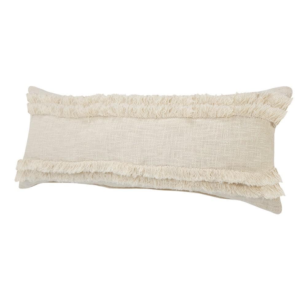 Cream Fringed Rectangular Lumbar Throw Pillow