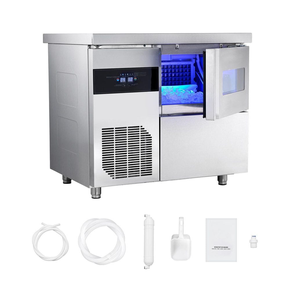Commercial Ice Maker Machine with Worktop 132 lbs./24H 33.46 in. W Full Size Cubes 30 lbs. Capacity Freestanding Silver