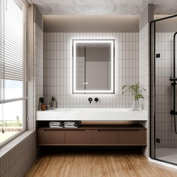JimsMaison 28 in. W x 36 in. H Rectangular Frameless Anti-Fog LED Light Vertical Wall Mounted Bathroom Vanity Mirror in Sliver