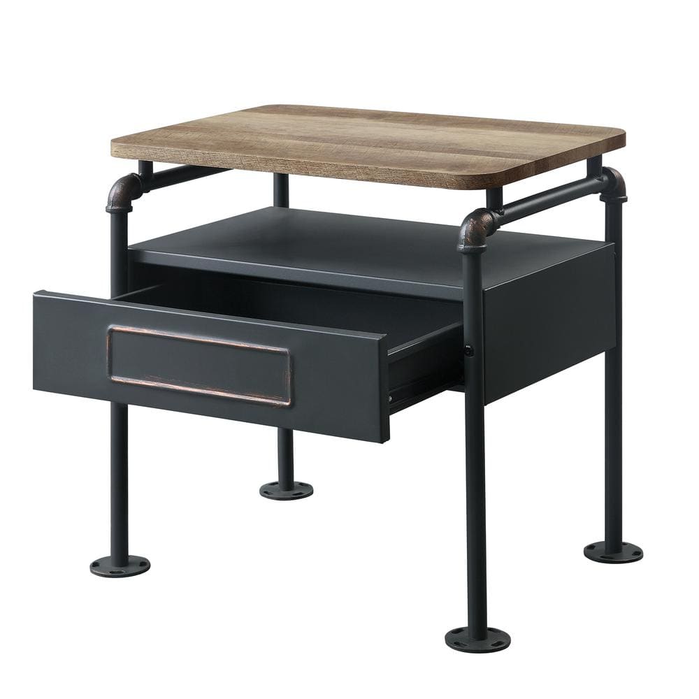 Industrial Oak and Gray Metal Nightstand with Drawer and Shelf