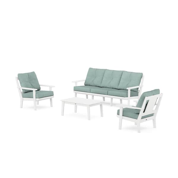 POLYWOOD Prairie 4-Pcs Plastic Patio Conversation Set with Sofa in White/Glacier Spa Cushions