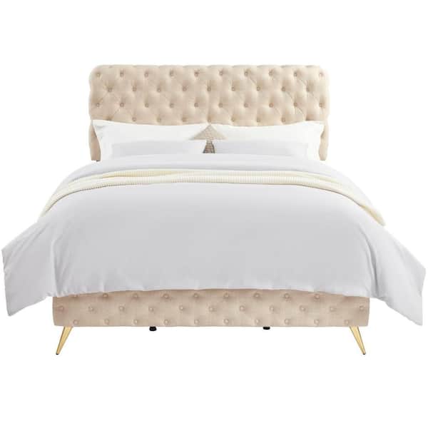 Beige Wood Frame Queen Luxury Upholstered Platform Bed with Tufted Headboard