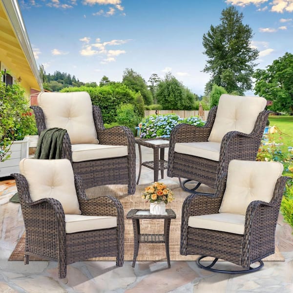 Brown 6-Piece Wicker Patio Conversation Set Outdoor Lounge Chairs Swivel Rockers and Side Table with Beige Cushions