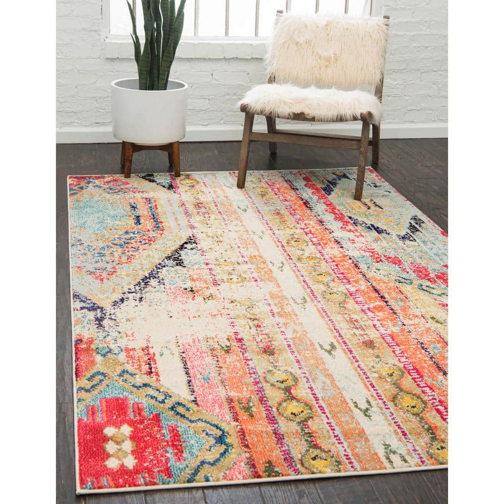 Light Blue Rectangular Synthetic 4' x 6' Stain-Resistant Area Rug