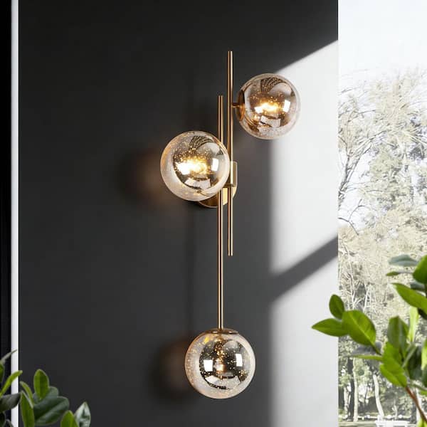 30 in. 3-Light Plated Brass Mercury Glass Orb Vanity Light, Modern Bathroom Horizontal/Vertical Mount Sconce Wallchiere