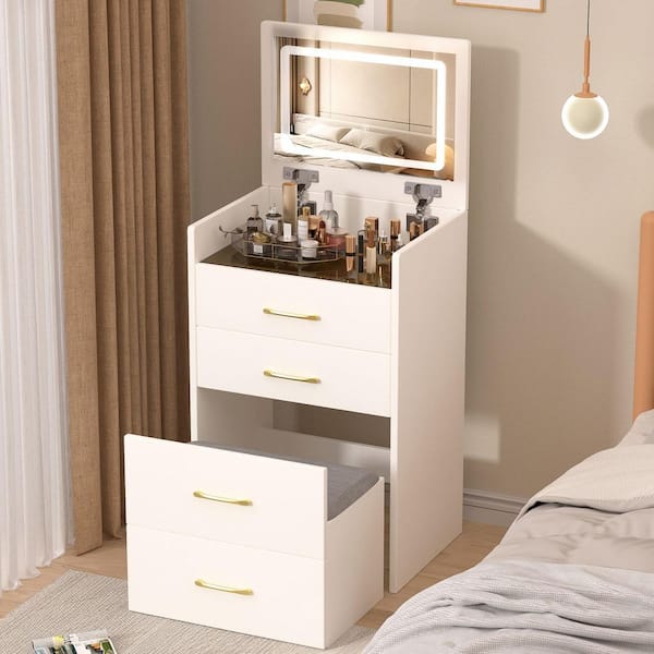 3 in 1 Vanity Desk with Open Top Mirror with Visible Glass Desktop, Compact Makeup Vanity Set with 3 Drawers, White