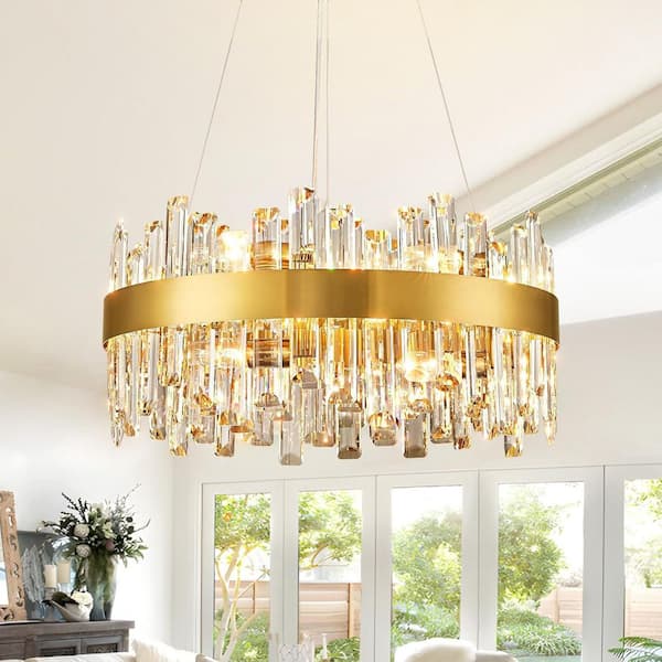 19.6 in. 12-Light Gold Crystal Chandelier, Modern Round K9 Crystal Hanging Pendant Ceiling Light Fixture