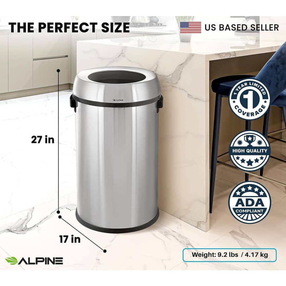 17-Gallon Stainless Steel Open Top Trash Can with Black Ring, 2-Pack