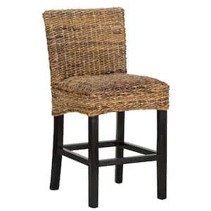 37 in. Height Brown and Black Woven Rattan Counter Height Stool with Wooden Legs and Low Profile Backrest