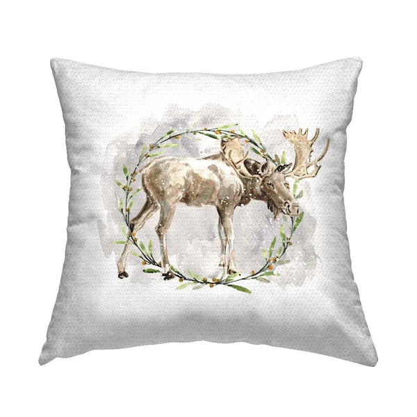 Stupell Industries Moose in Watercolor Wreath Brown Square Outdoor Throw Pillow