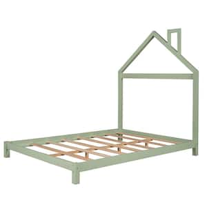 Green House-Shaped Headboard Full-Size Platform Bed, Solid Wood Frame with Slat Support, No Box Spring Needed