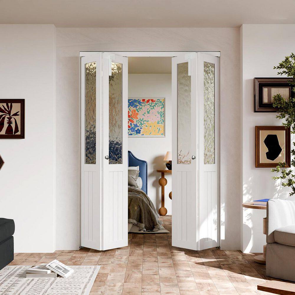 TENONER 72 in. x 80 in. Half Hammered Glass Solid Core White PVC